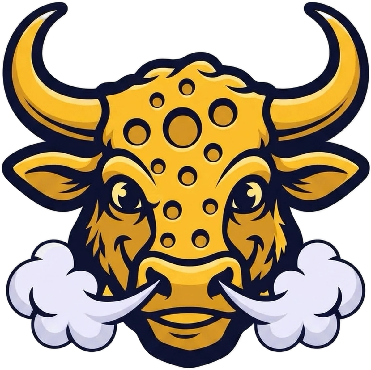 The Bullcheese bull, horns wide, snorting steam